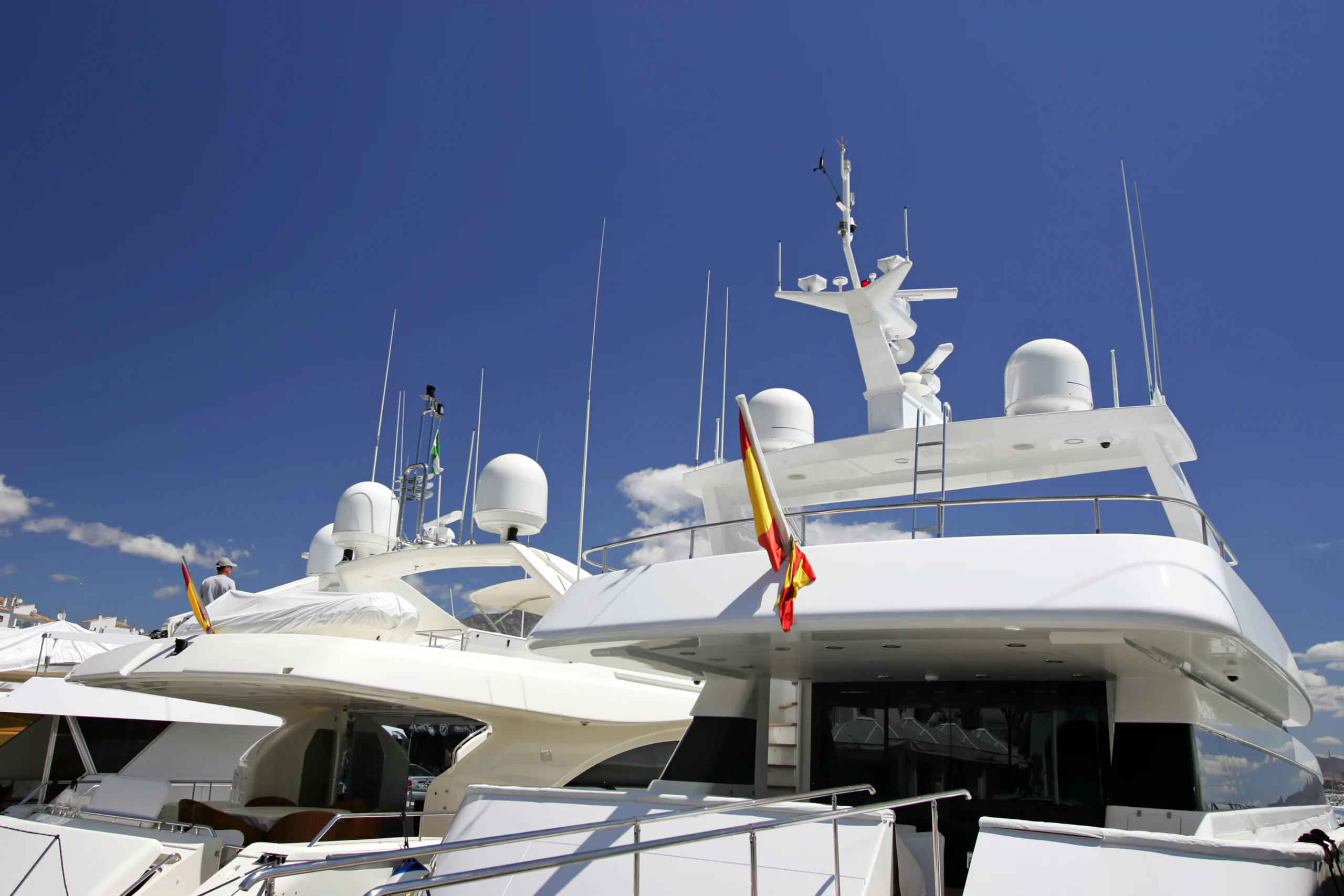 Luxury yachts tied up in a marina in Southwest, Florida