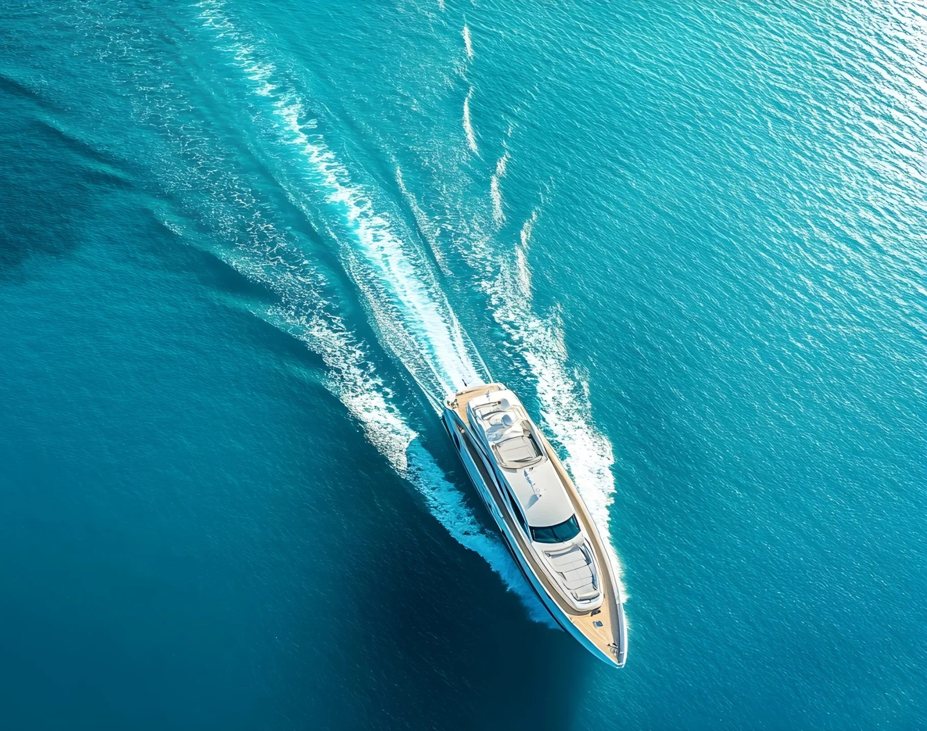 Overhead aerial view of a luxury yacht underway in the Gulf of Mexico
