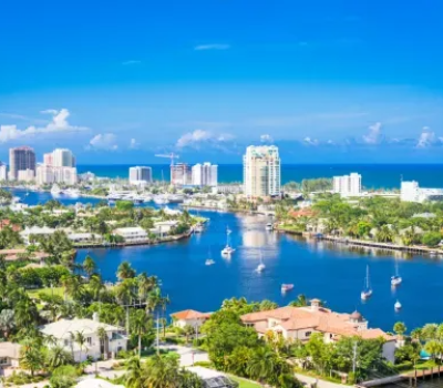 Aerial view of the waterfront district near downtown Fort Myers